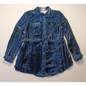 Coldwater Creek Women's Blue Velvet Blouse Tunic‎ Tie Waist Size Petite XS Y2K
